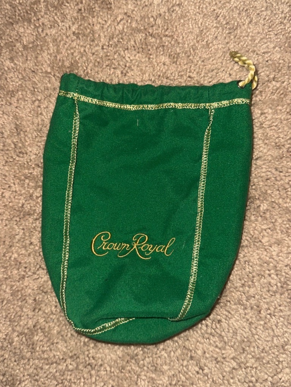 Crown Royal green velvet bag with gold stitching